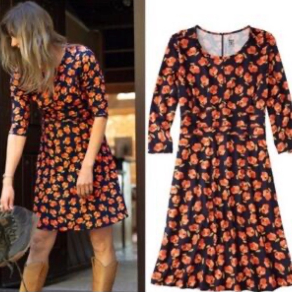 Title Nine Dream Dress Navy Floral Fit-and-Flare Dress with Orange Poppies